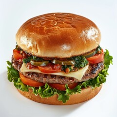 Thick  juicy hamburger with all trimmings on white background.