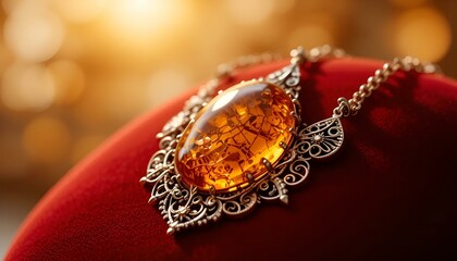 Stunning amber pendant necklace with intricate silver frame displayed on plush velvet