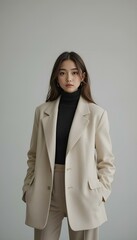 Confident young woman in tailored blazer and turtleneck sweater posing against neutral background