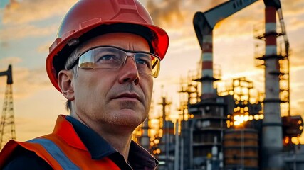 A middle-aged Caucasian male worker in a hard hat and safety goggles gazes thoughtfully at an industrial site during sunset. The scene conveys determination and professionalism amidst smoke.