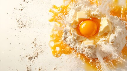 Close-up of an egg yolk, butter, and flour mixing together, creating a vibrant, dynamic splash of baking ingredients. Flour dusts the background.