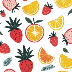 Vibrant pattern featuring tropical fruits including strawberries and citrus fruits on a white background. Generative AI