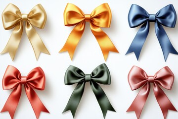 A set of six colorful bows arranged on a white surface