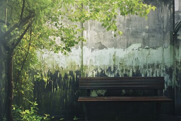 A simple wooden bench situated in front of a wall, great for use as a decorative element or to add warmth to an outdoor space