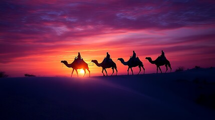 Camel caravan silhouetted against a vibrant sunset over sand dunes.