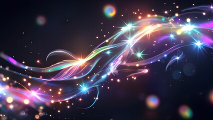 Gorgeous shimmering light on a dark backdrop, A dark background with the appearance of prism light bokeh lens flare overlay, dazzling multicolored lights, sunlight refraction, Bright lights in the dar