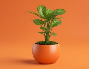 Obraz premium clay pot with plant isolated on a orange background.