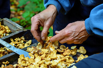 expert hands examining wild chanterelles, forest floor setting