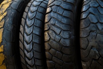 A close-up view of four tires mounted on a yellow fire hydrant