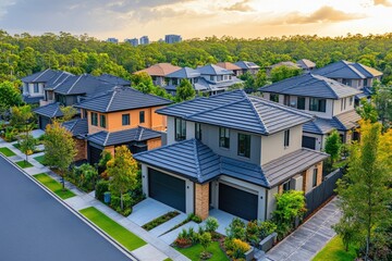 A quiet suburban neighborhood with many houses and trees, perfect for real estate or community use