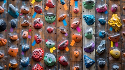 Fototapeta premium A vibrant indoor climbing wall featuring a variety of colorful holds and volumes on a wooden surface