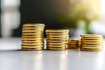 Shiny gold coins stacked in varying heights create sense of weal