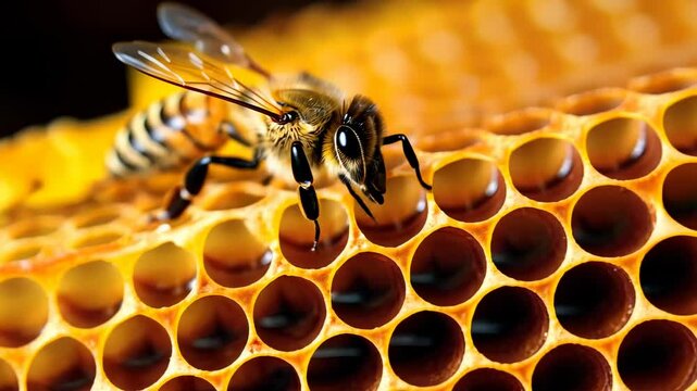 bee on honeycomb, honey, apiary, macro video of insect