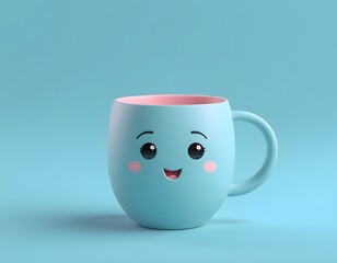 A coffee cup with a smiley face on a blue background embodies the concept of a happy morning