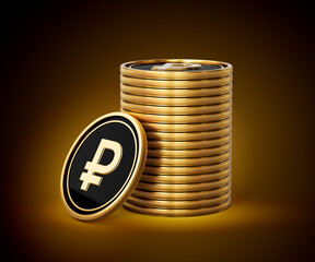 Stack Of Golden And Black Russian Ruble Coins Set On Shiny Golden Glow Background 3d Illustration