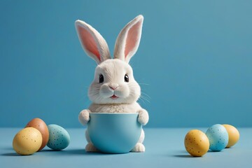 there is a small white rabbit sitting in a blue cup