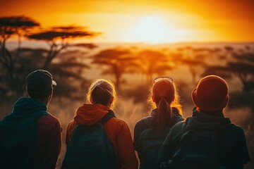 Friends admire breathtaking sunset over savannah, silhouettes fr