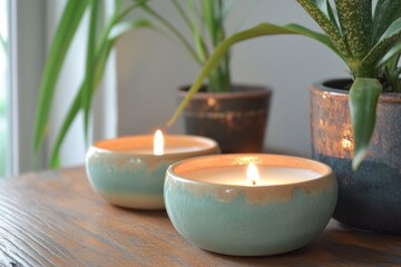 Tranquil Home Decor with Scented Candles and Green Plants on Wooden Table Capturing the Essence of Relaxation and Serenity in Interior Design
