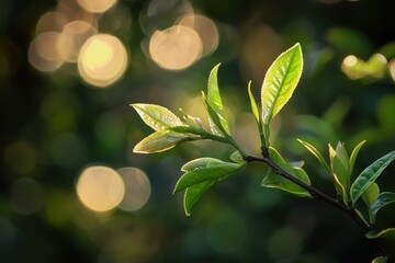 Close-Up of Fresh Green Leaves on a Branch with Beautiful Bokeh Background Creating a Serene and Tranquil Nature Scene during Golden Hour Light