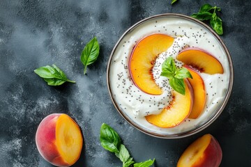 Creamy Yogurt Bowl with Fresh Peach Slices and Basil Leaves on Dark Background, Perfect for Healthy Eating and Summer Desserts, Stylish Food Arrangement