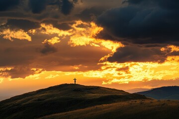 Majestic Sunset Over Hills with Cross Silhouette Against Dramatic Cloudy Sky in Twilight, Evoking Spiritual Inspiration and Peaceful Reflection