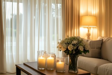 Cozy Living Room Setting with Fresh Flowers and Elegant Candles, Creating a Warm and Inviting Atmosphere for Relaxation and Enjoyment at Home