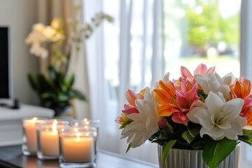 Beautiful Floral Arrangement in a Bright Living Room with Soft Candlelight and Sunshine Streaming Through Sheer Curtains