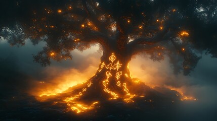 Enigmatic Glowing Tree With Ancient Symbols Etched On Its Trunk