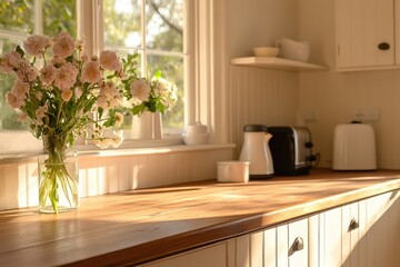 Bright and Serene Kitchen Interior with Fresh Flowers, Sunlit Countertop, Kitchen Appliances, and Warm Natural Light in a Cozy Atmosphere