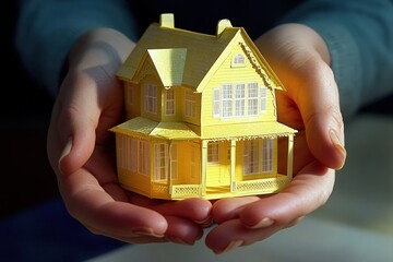 A Person Holding a Miniature Yellow House Model Symbolizing Care, Protection, and the Concept of Homeownership in a Warm and Inviting Environment