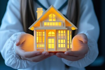 Illuminated Model House Held by Young Person, Symbolizing Home, Safety, and Nurturing Environment in Warm Interior Setting