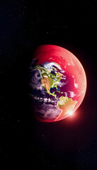 Red planet earth with craters and blue planet Earth in space with stars. Space wallpaper, low-poly, with white tones