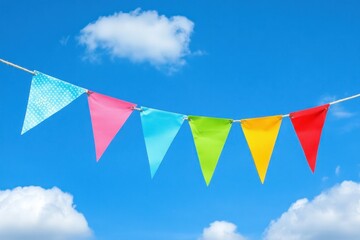 Colorful Flags Bunting Against a Clear Blue Sky with Soft White Clouds for Festive Celebrations and Outdoor Events