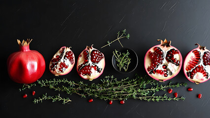 Pomegranates and thyme on black background