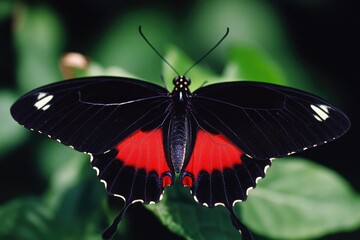 A colorful butterfly perched on a green leaf, with vibrant colors contrasting against the natural surroundings