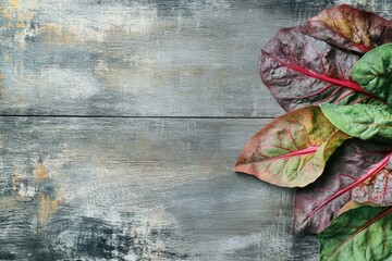Fresh Swiss Chard Leaves on Rustic Wooden Background, Showcasing Vibrant Colors and Textures Ideal for Healthy Eating and Culinary Inspiration