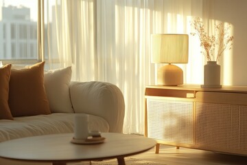 Serene Living Room with Soft Sunlight Streaming Through Sheer Curtains, Warm Colors, Wooden Furniture, and Elegant Decor Elements for Cozy Atmosphere