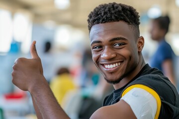 Young man giving a thumbs up in a bright environment, smiling confidently, showing positivity and joy, likely in a community event or healthcare setting, celebrating achievement or wellness