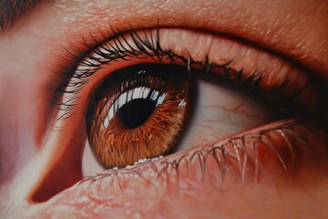 A detailed shot of a single human eye with brown iris and pupil