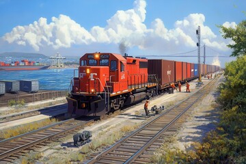 Fototapeta premium Workers Unloading Containers from Train at Port