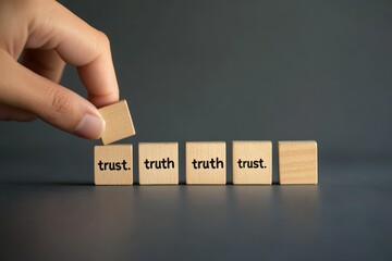 Hand Placing Wooden Block with Trust Word on Top of Truth Blocks, Symbolizing Integrity, Honesty, and Reliability in Personal and Professional Relationships