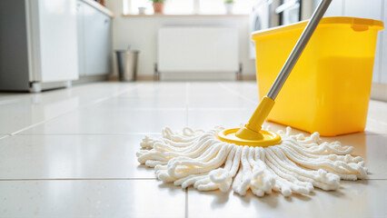 Mop cleaning kitchen floor with yellow bucket for home cleanliness and maintenance concept