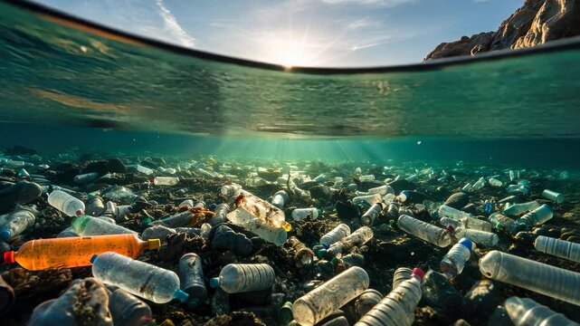 plastic trash in the ocean, dirty bottles underwater in the sea, environmental pollution, ecological disaster