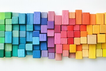 Colorful Wooden Blocks Arranged in a Gradient Design on a White Background Creating a Vibrant and Playful Aesthetic for Creative Projects and Artistic Visuals