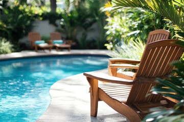 Tranquil Tropical Poolside Scene with Wooden Lounge Chairs Surrounded by Lush Greenery and Bright Sunlight in a Relaxing Outdoor Setting