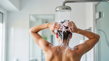 Young woman washing hair under shower with foam in a modern bathroom for self-care and relaxation concept