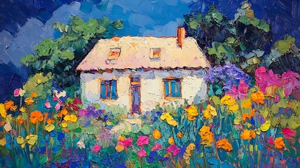Vibrant Oil Painting: Charming Cottage Nestled in a Lush Summer Garden. AI Generated