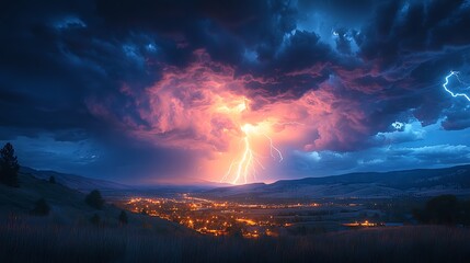 Dramatic Lightning Storm Over Nighttime Valley Town