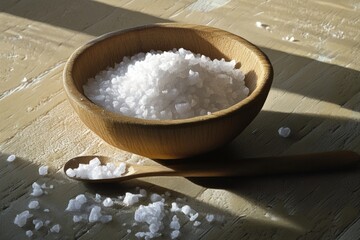 A rustic wooden bowl filled with sea salt, accompanied by two wooden spoons