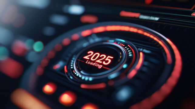 2025 is Loading: A futuristic digital countdown interface anticipates the new year with vibrant red and black hues.  Prepare for the future!
